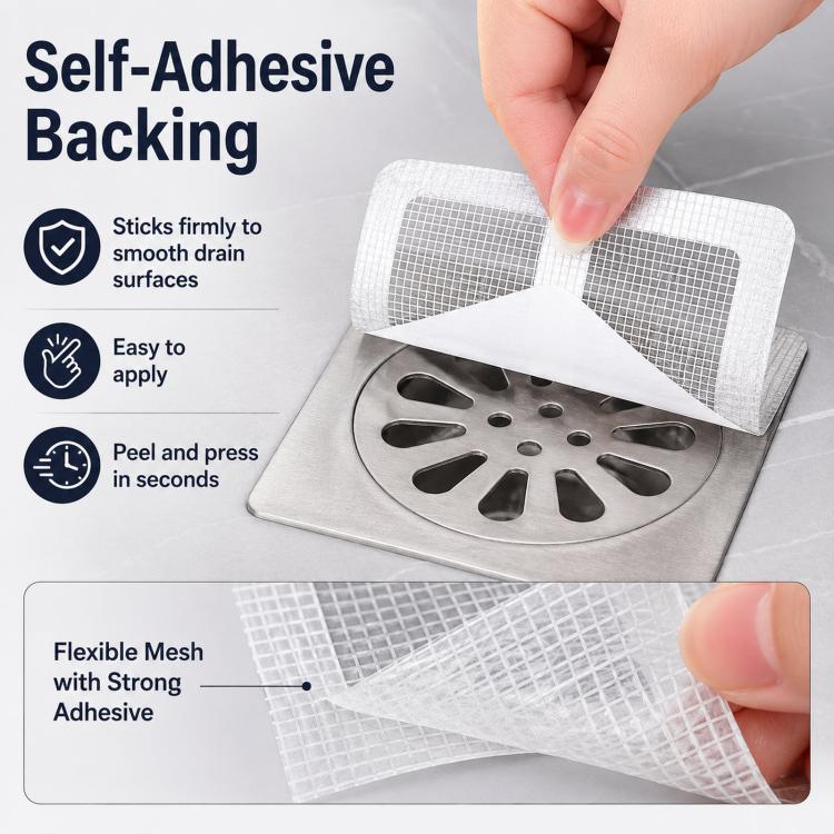 Self-adhesive square white mesh drain hair catcher sticker with backing visible