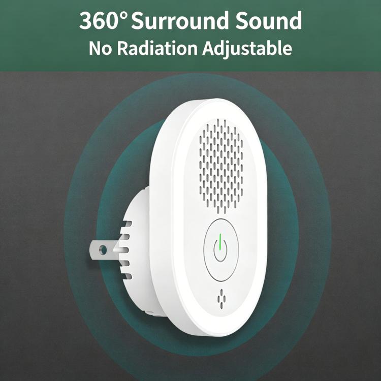 White wall-plug ultrasonic pest repellent night light with power button and speaker grill