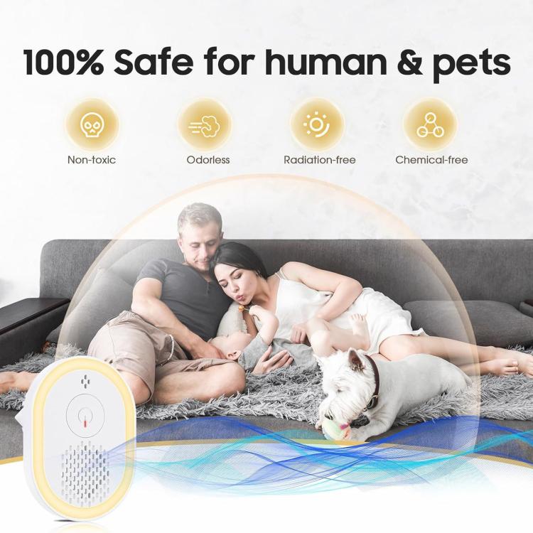 Plug-in ultrasonic repellent lamp with indicator switch beside a sleeping pet and owner