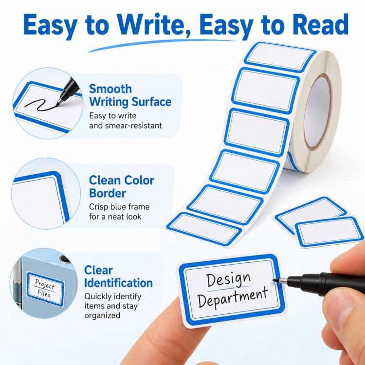 Blank write-on labels with blue color border and smooth writing surface shown
