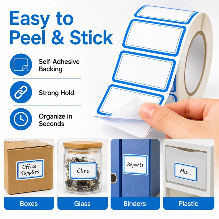 Self-adhesive labels roll; hand peels backing to stick blank blue-bordered labels