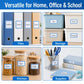 Blue-bordered write-on labels applied to office binders and storage containers