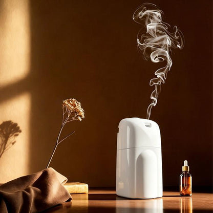 White smart aroma diffuser machine releasing mist
