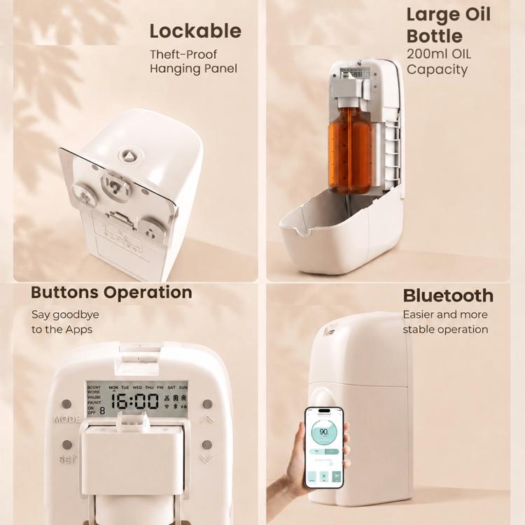 White aroma diffuser with open oil bottle compartment and lockable panel