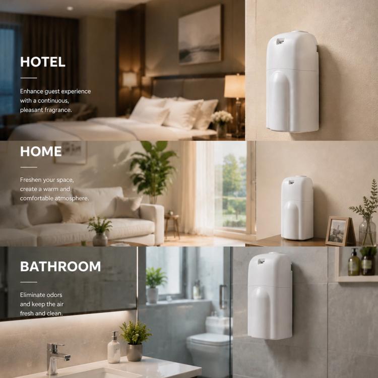White aroma diffuser placed on bedside and bathroom countertop