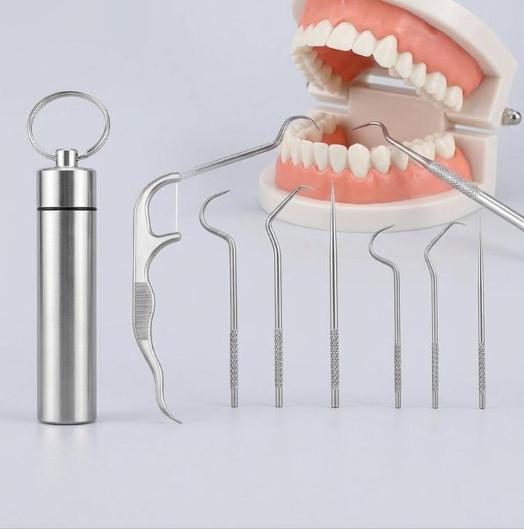 Reusable stainless steel dental pick set with portable metal case and seven cleaning picks
