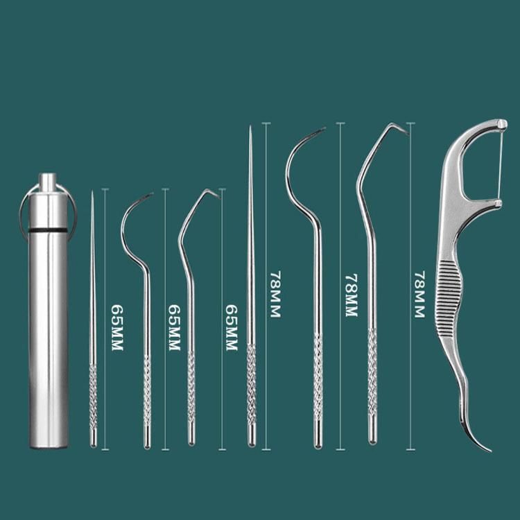 Stainless steel dental pick set showing seven pick tips with different lengths