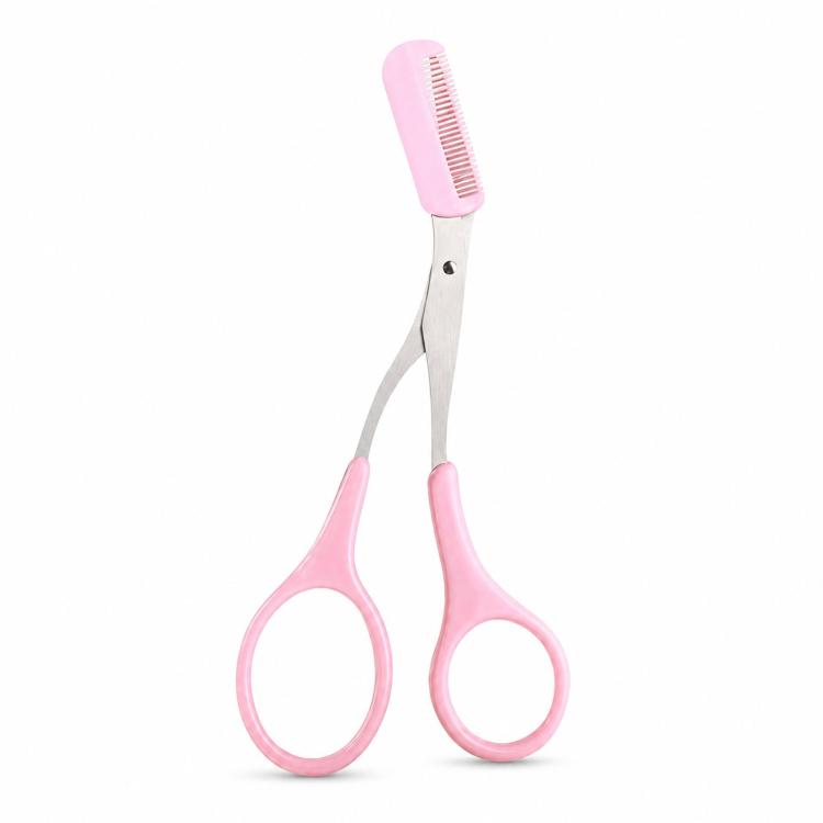 Pink and silver 2-in-1 eyebrow scissors with comb and curved trimming blades