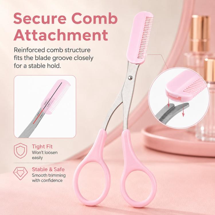 Eyebrow scissors with secure comb attachment and curved stainless blades