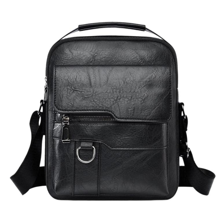 Black leather-look crossbody/handheld bag with top handle and front buckle strap.