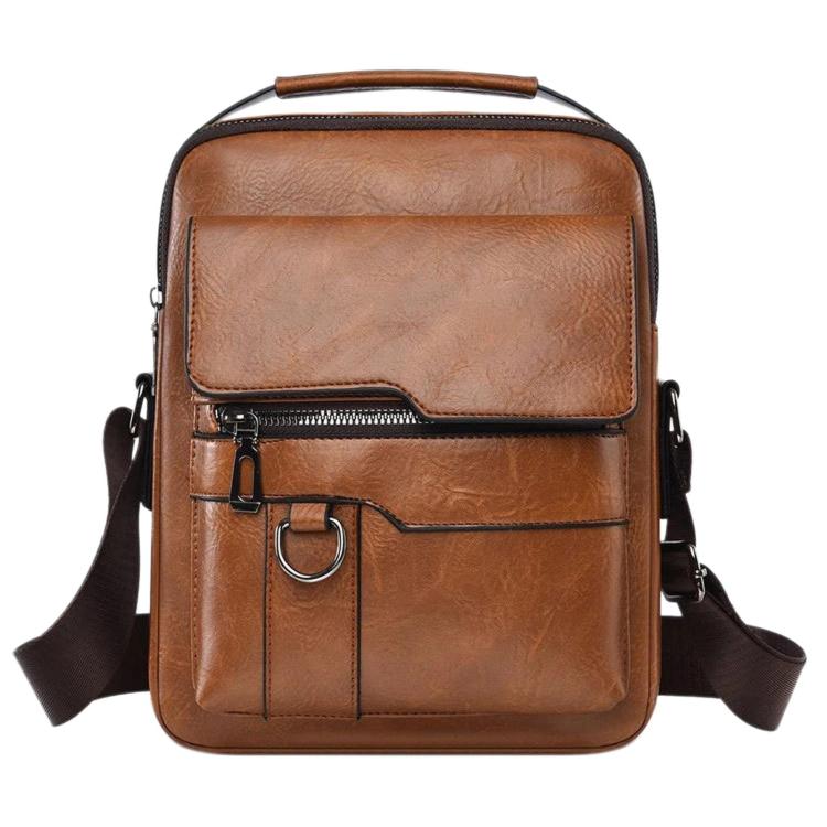 Brown leather-look crossbody/handheld bag with top handle and front buckle strap.