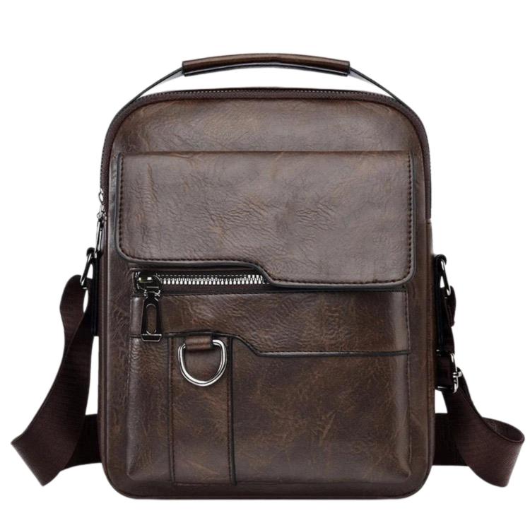 Dark brown leather-look crossbody/handheld bag with front buckle strap and zipper.