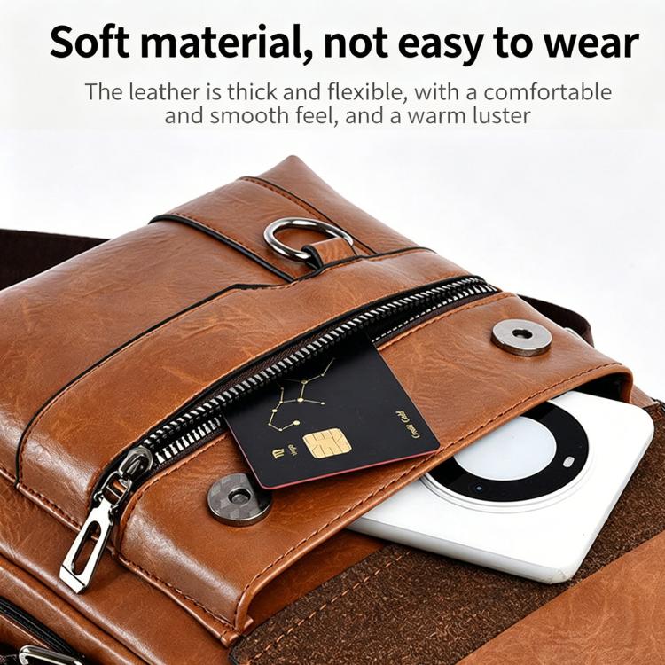 Brown leather-look bag with front pocket holding cards and a small device.