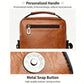 Brown leather-look bag showing top handle, metal snap button, and front zipper.
