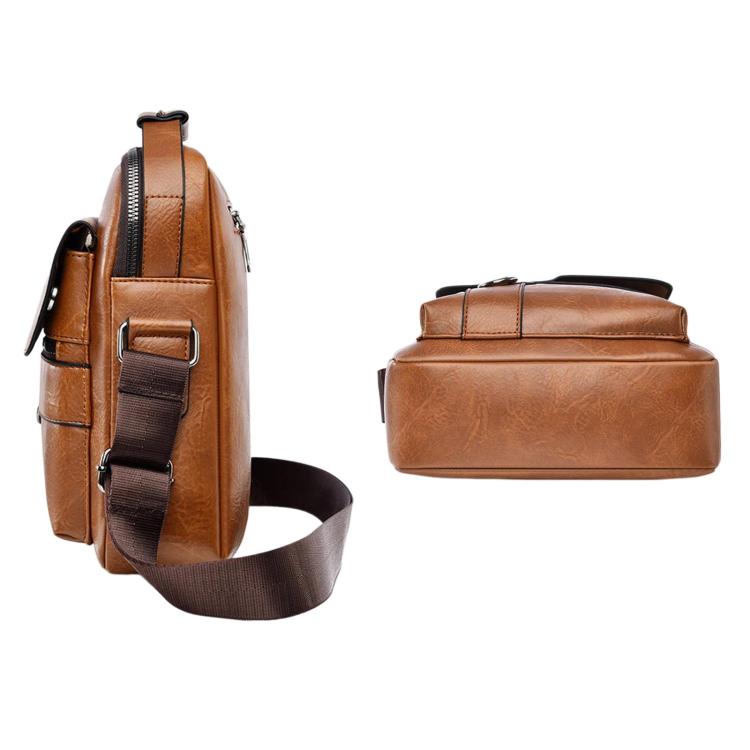 Tan brown leather-look crossbody bag in side and back views with shoulder strap.