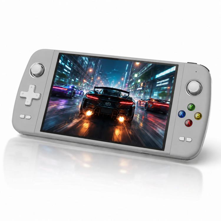 Gray handheld gaming console with 7-inch screen and circular shoulder buttons
