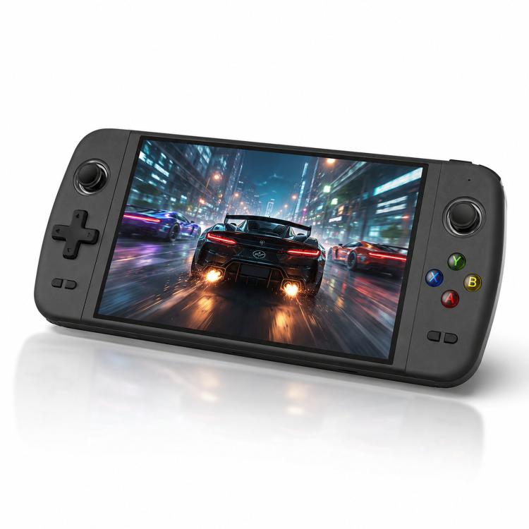 Black handheld gaming console with centered screen and side control buttons