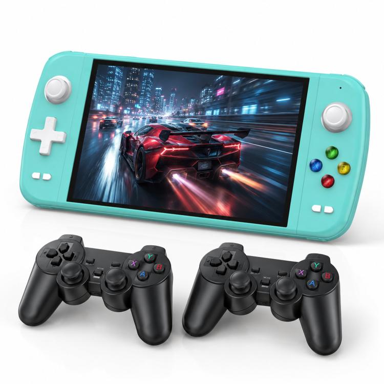 Mint blue handheld gaming console with gamepad controllers, 7-inch screen display