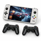 White handheld gaming console with two black gamepad controllers and 7-inch HD display