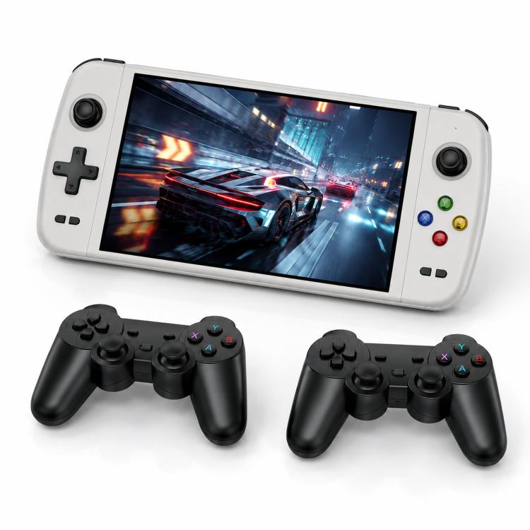White handheld gaming console with two black gamepad controllers and 7-inch HD display