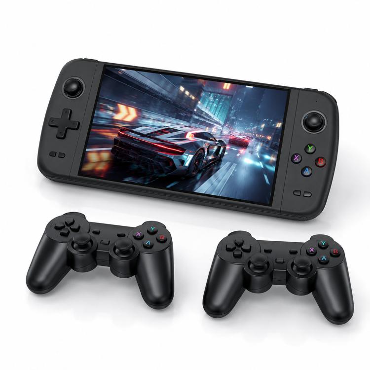 Black handheld gaming console with dual black gamepad controllers and wide 7-inch screen