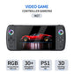 Black handheld gaming console with RGB ring controls and 3D game on screen
