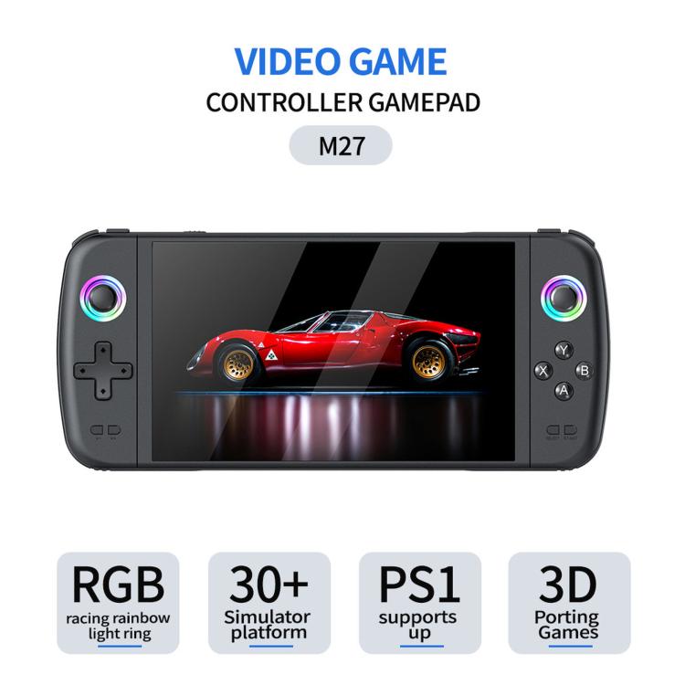 Black handheld gaming console with RGB ring controls and 3D game on screen