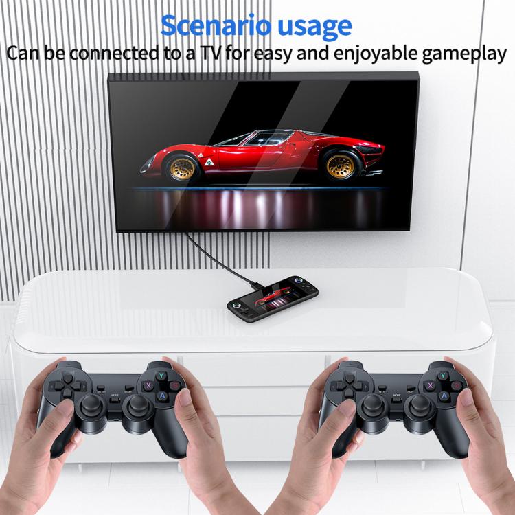 Handheld gaming console held in hands, showing a racing game on the 7-inch screen.