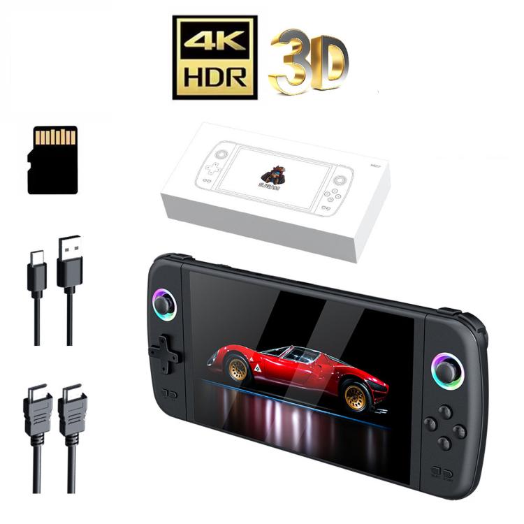 Black handheld gaming console with 7-inch screen and glowing circular side controller lights.