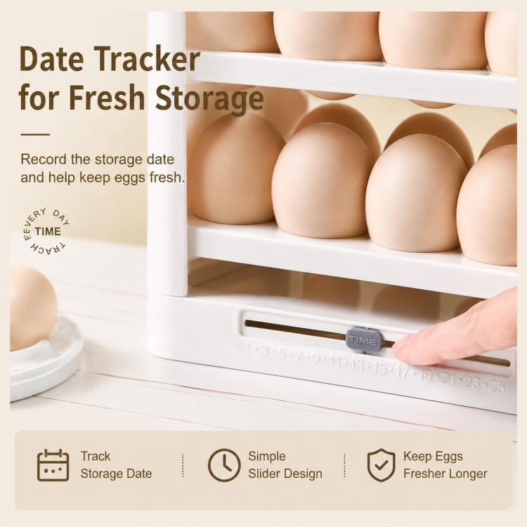 30 Eggs Holder for Refrigerator Door, 3-Tier Flip-Up Egg Storage Container with Sliding Date Tracker, Clear Space-Saving Egg Dispenser Rack