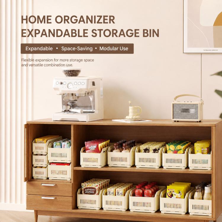Set of cream modular plastic storage bins for cabinet shelves with vented sides