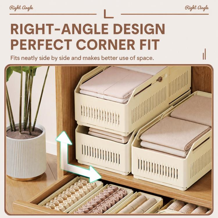 Right-angle corner plastic organizer bins, cream with vented panels and stackable design