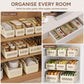 Cream stackable plastic organizer bins for kitchen cabinets and drawers with vented sides