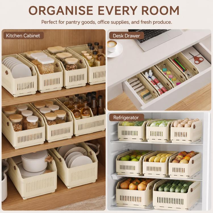 Cream stackable plastic organizer bins for kitchen cabinets and drawers with vented sides