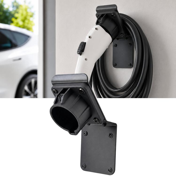 Wall-mounted EV charger gun holder with black cable dock and mounting plate