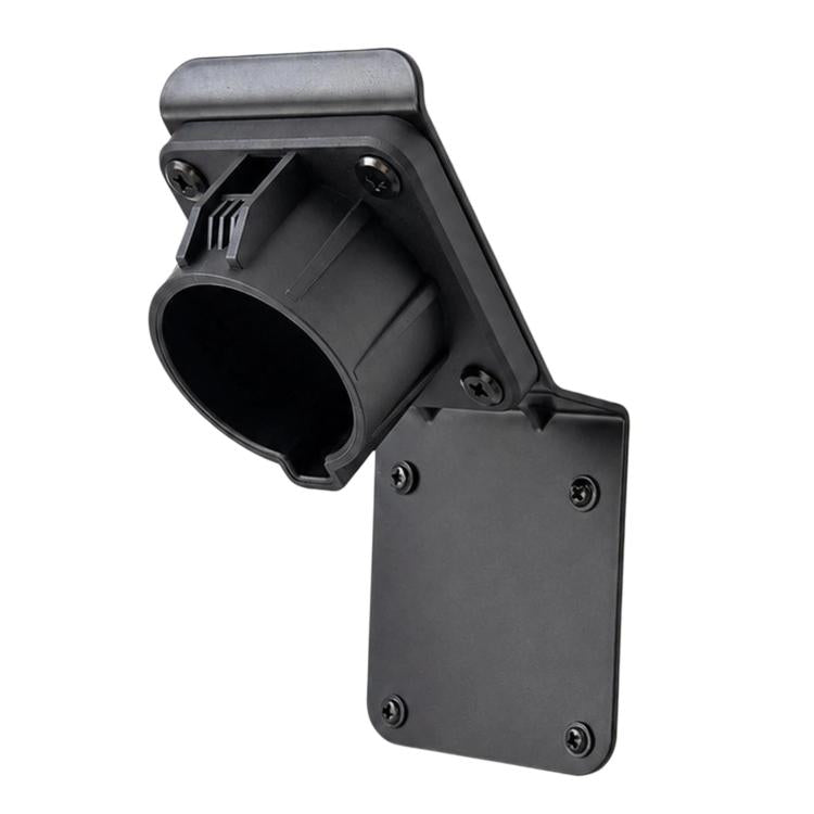Black EV charger plug holder with circular cradle and base mounting plate