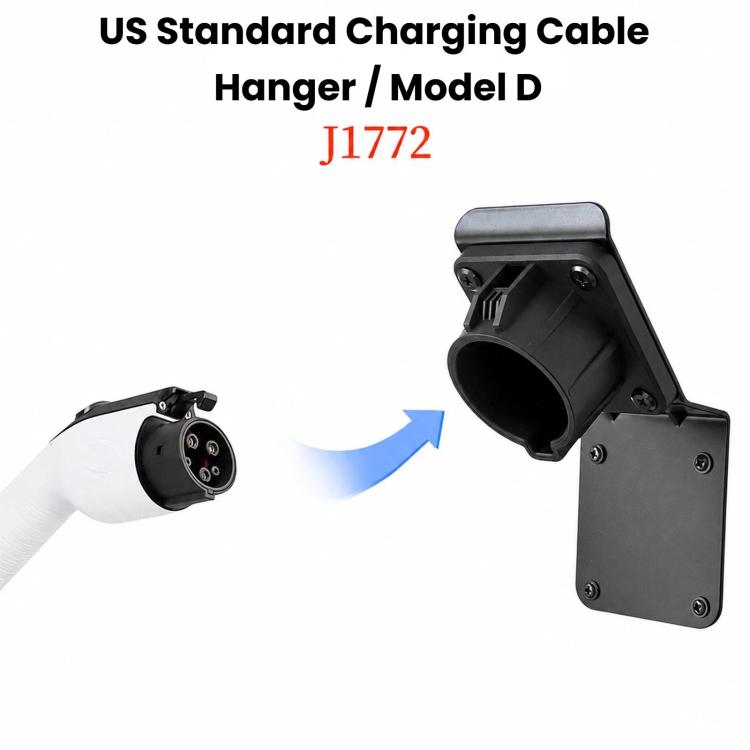 Black J1772-style EV charging cable hanger holding a charging connector
