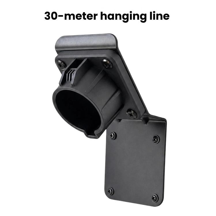 Black EV charger plug holder with circular cradle and hanging cable line