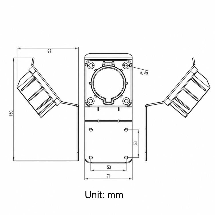 Black EV charger plug holder bracket dimensions, with unit mm scale markings