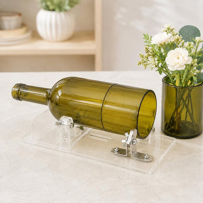 Glass bottle cutter tool with transparent base, metal cutting holder and amber bottle clamp