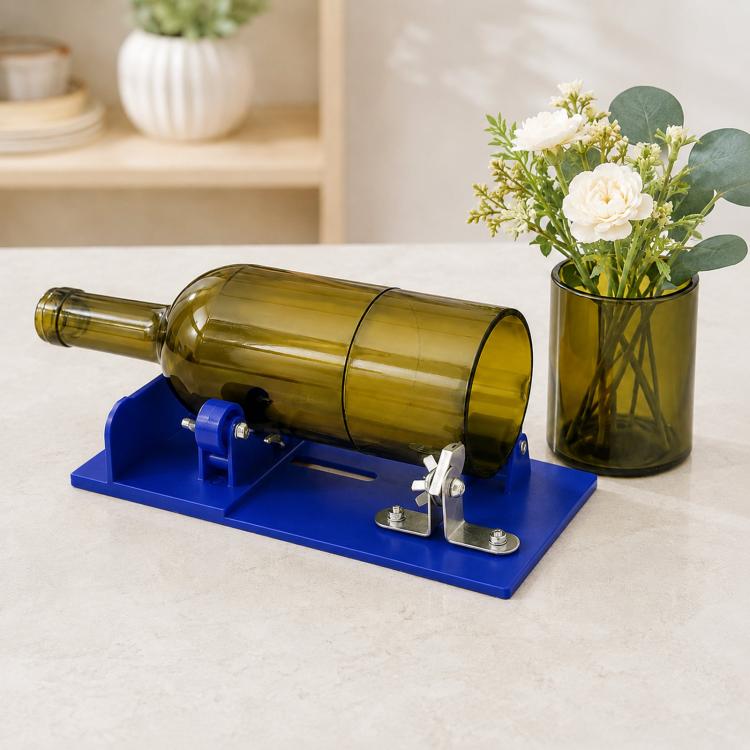 Glass bottle cutter tool with blue base, metal cutting holder and amber bottle clamp