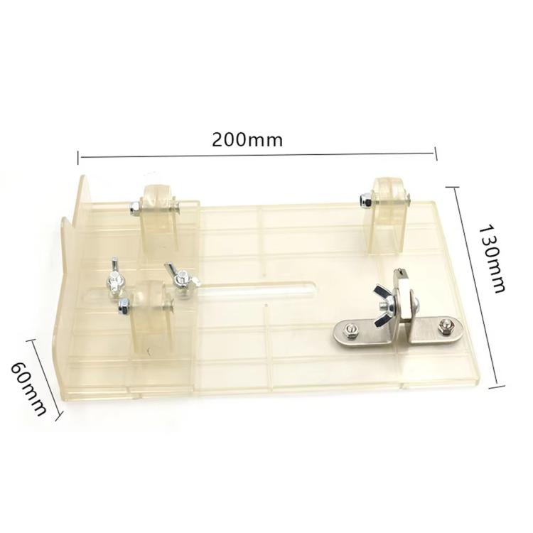 Glass bottle cutter tool with transparent base, metal cutting arm, and size measurements
