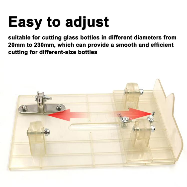 Glass bottle cutter tool on transparent base with adjustable clamps for different bottle sizes