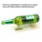 Glass bottle cutter tool with clear base holding a green wine bottle