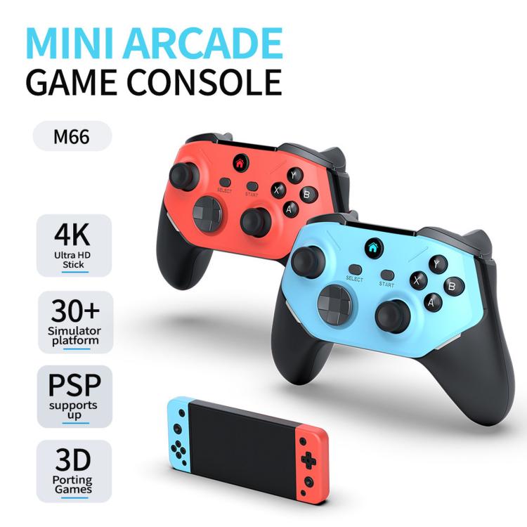 Mini arcade handheld game console set with red and blue controllers