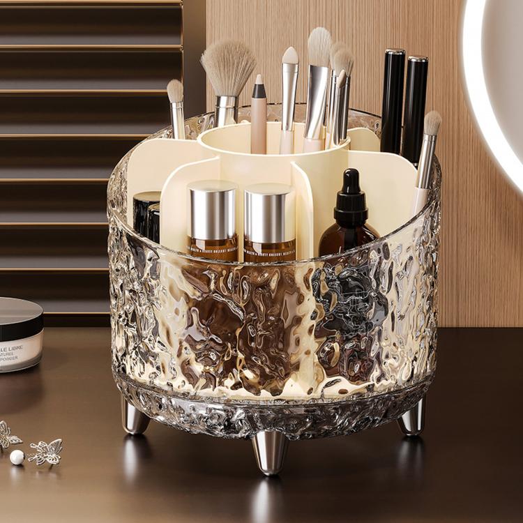 Glacial texture rotating makeup organizer with open top and clear cosmetic compartments