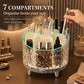 Makeup organizer with 7 compartments, clear rim, and open brush storage base