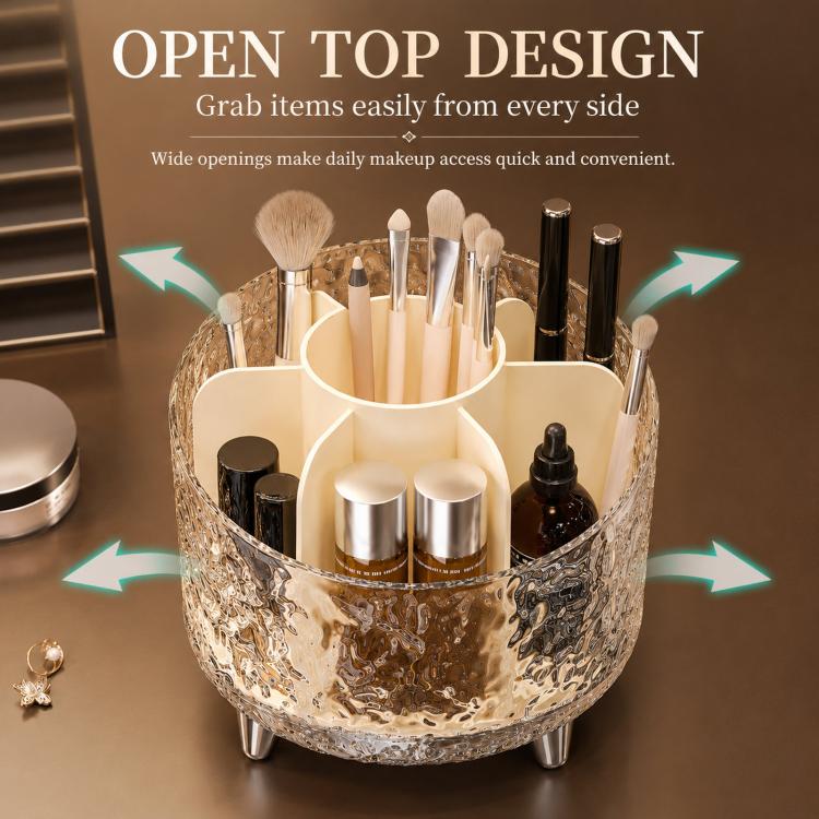 Open-top rotating makeup organizer with wide access to brushes, bottles, and containers