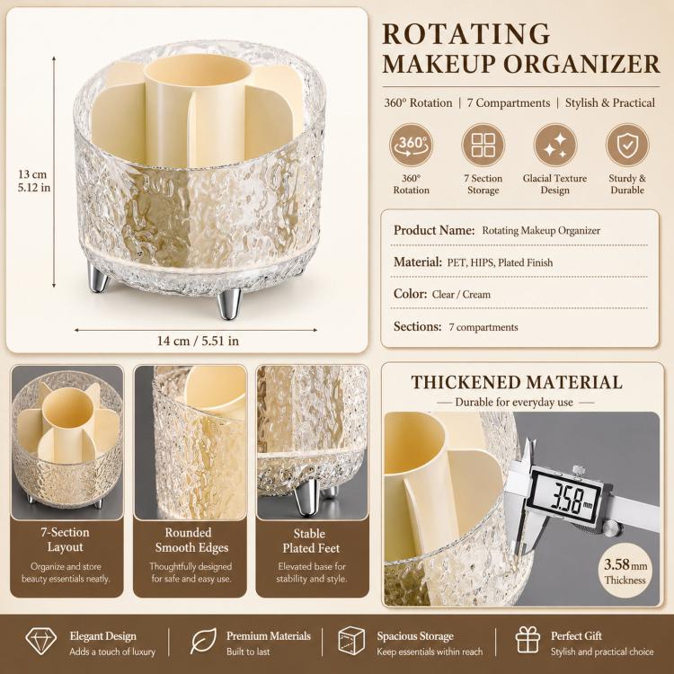 Rotating makeup organizer product layout with glacial texture finish and multiple compartments