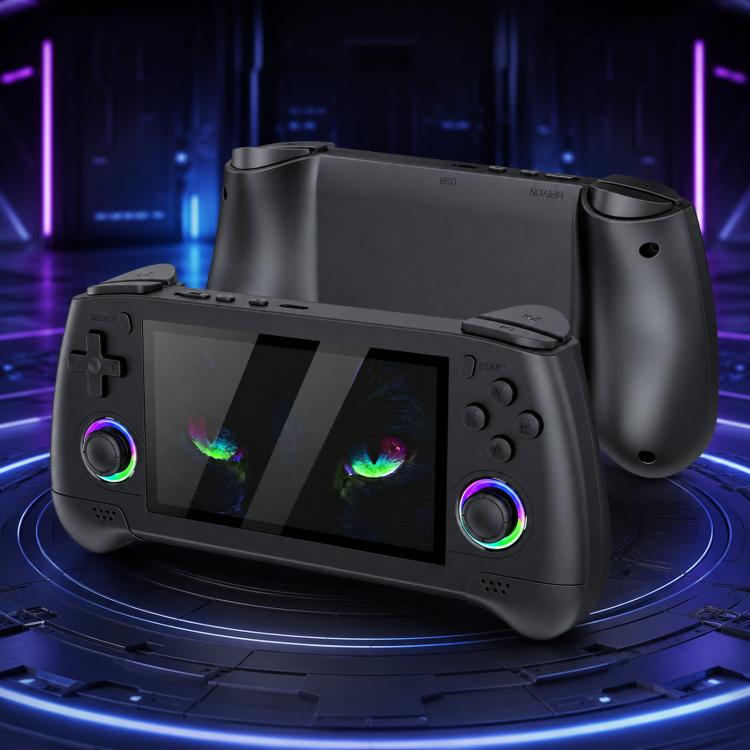 Black portable handheld game console in angled view with front screen and thumb controls